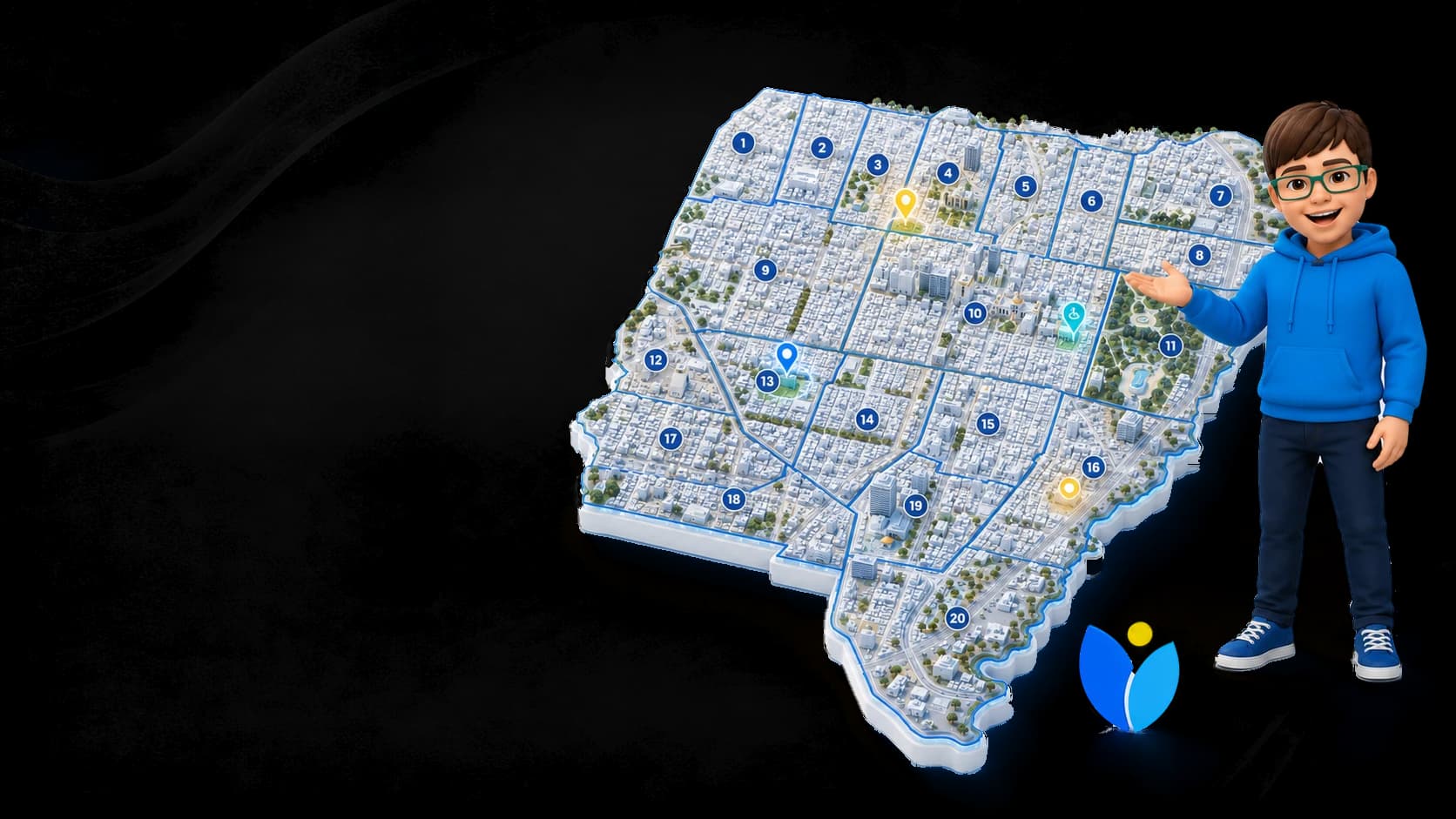 Migue señalando el mapa en relieve de San Miguel de Tucumán con sus 20 distritos numerados